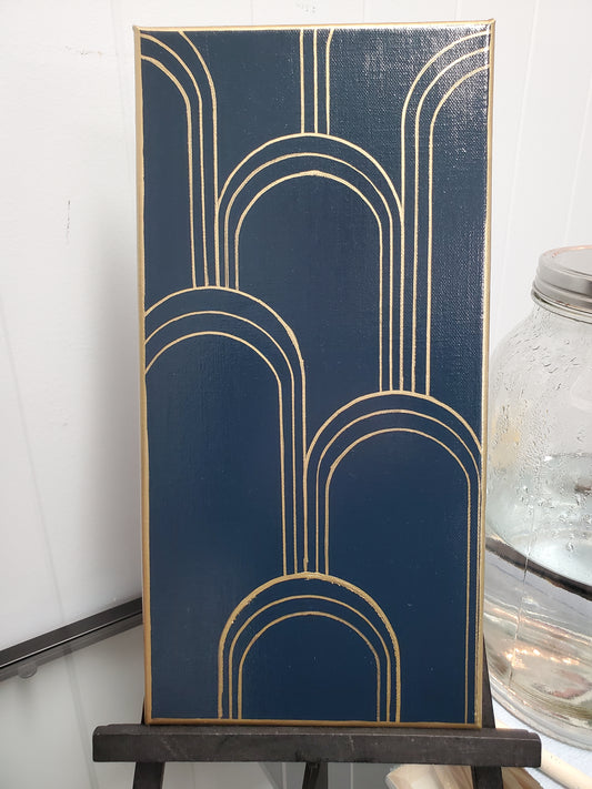 Art Deco diptych- blue/gold triple/quadruple stripe (set of 2)